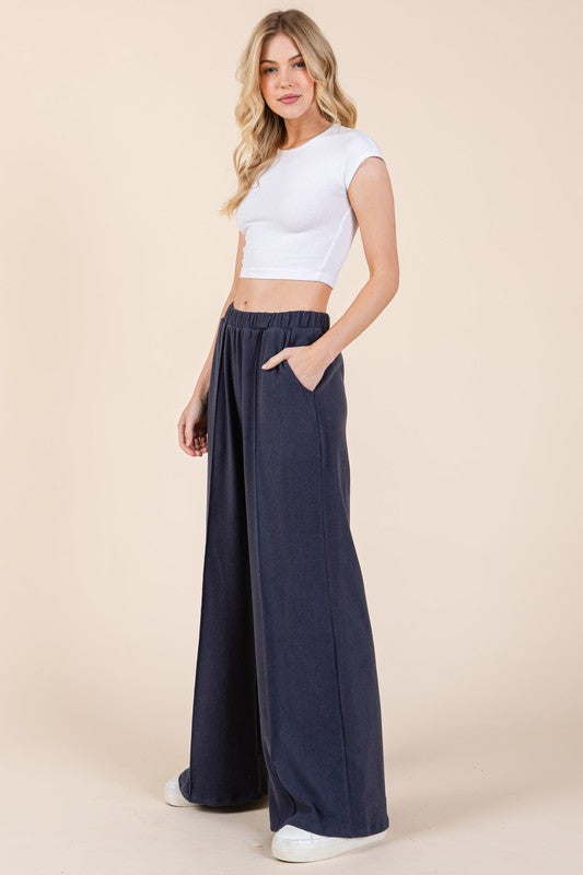 BOMBOM Elastic Waist Wide Leg Pants with Pockets - Sydney So Sweet