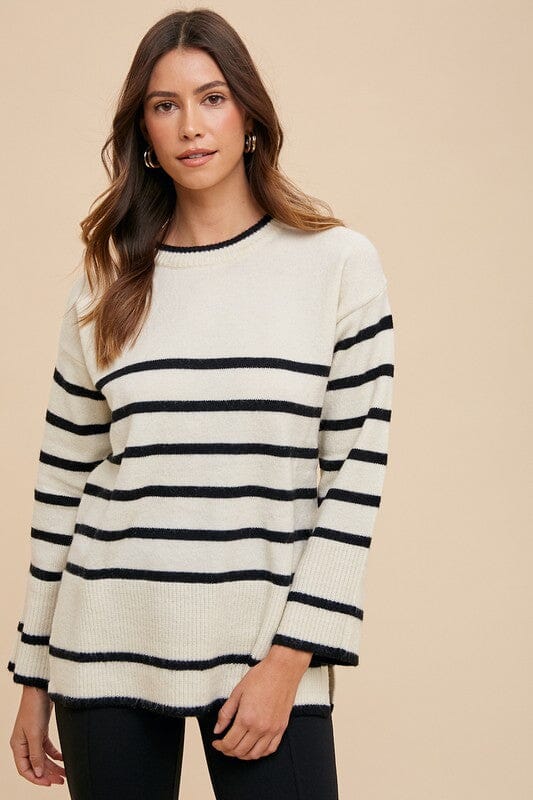 Annie Wear Side Slit Striped Round Neck Sweater - Sydney So Sweet