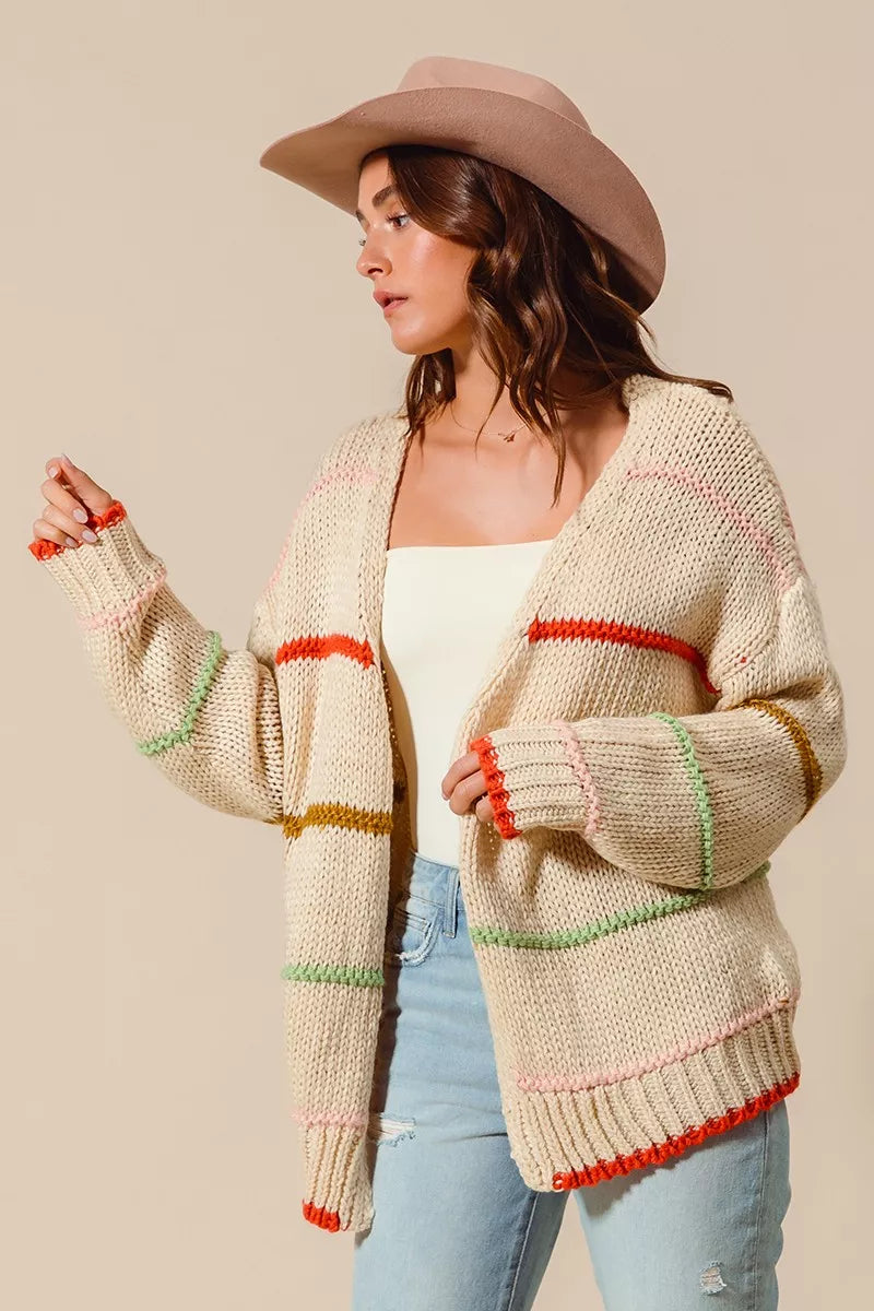SO ME Loose Fit Multi Stripe Open Front Cardigan - Sydney So Sweet