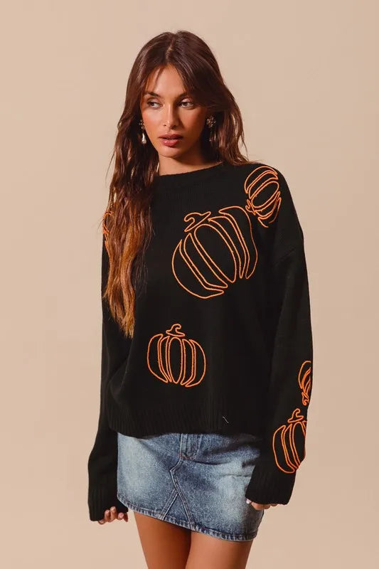 SO ME Pumpkin Embroidered Halloween Thanksgiving Sweater - Sydney So Sweet