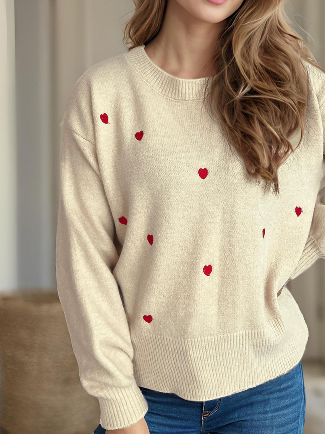 Heart Round Neck Long Sleeve Sweater - Sydney So Sweet