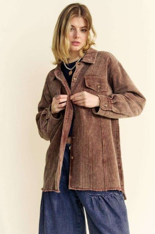 Davi & Dani Washed Corduroy Raw Hem Button Up Jacket - Sydney So Sweet