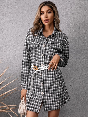 Pocketed Plaid Long Sleeve Mini Dress - Sydney So Sweet