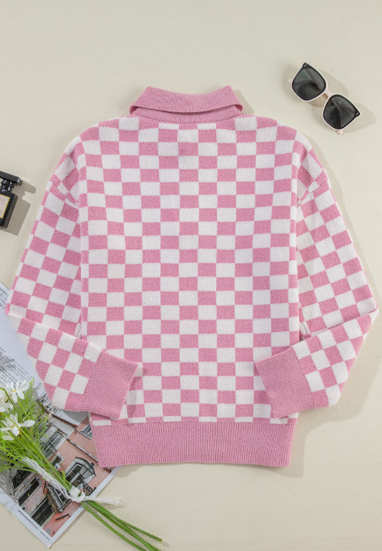 Checkered Collared Neck Long Sleeve Sweater - Sydney So Sweet