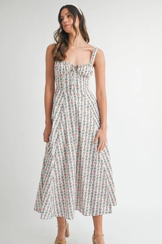 MABLE Floral Print Bustier Back Lace Up Midi Dress - Sydney So Sweet