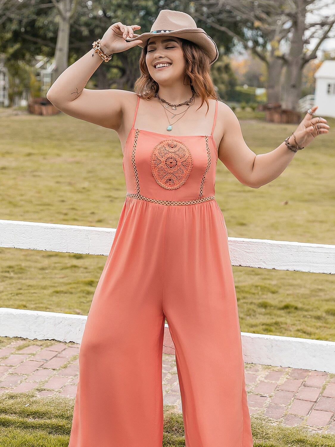 Plus Size Lace Detail Spaghetti Strap Wide Leg Jumpsuit - Sydney So Sweet