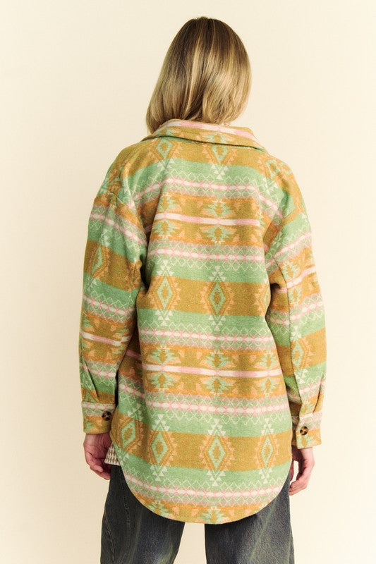 Davi & Dani High-Low Geometric Long Sleeve Shacket with Pockets - Sydney So Sweet