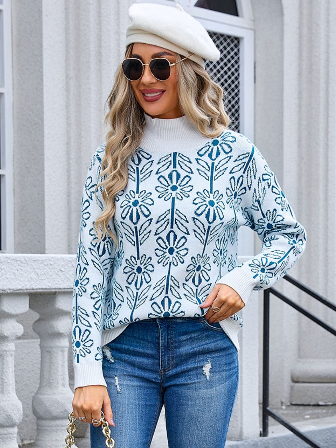 Flower Turtleneck Long Sleeve Sweater - Sydney So Sweet