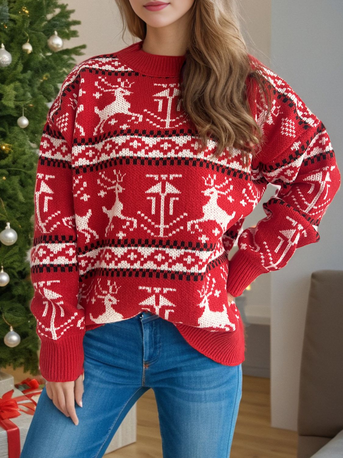 Christmas Element Round Neck Long Sleeve Sweater - Sydney So Sweet