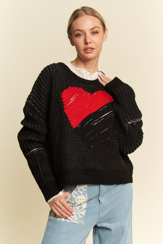 Davi &amp; Dani Contrast Heart Dropped Shoulder Sweater - Sydney So Sweet