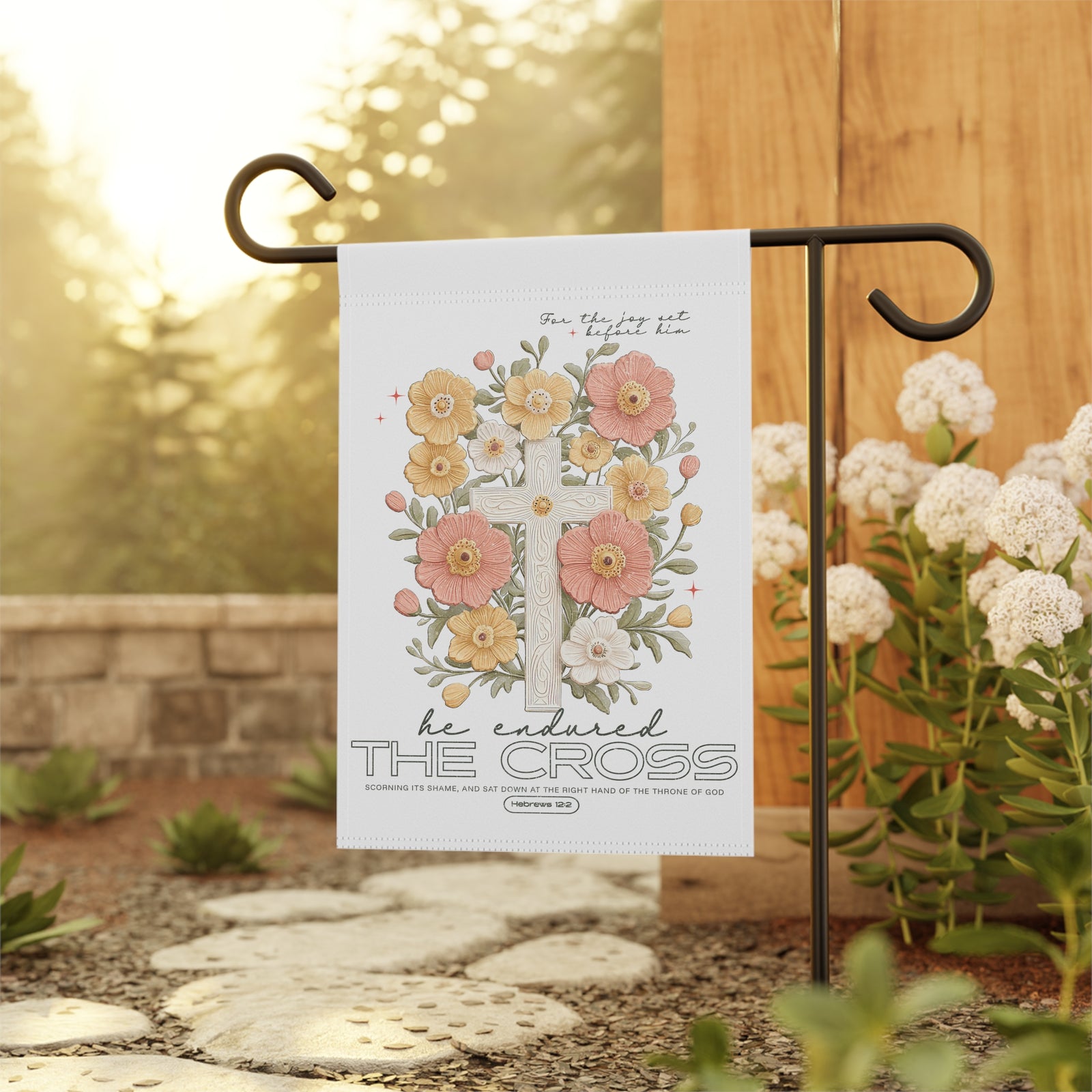 For the Joy Set Before Him Floral Cross Garden Flag Decorative Yard Banner