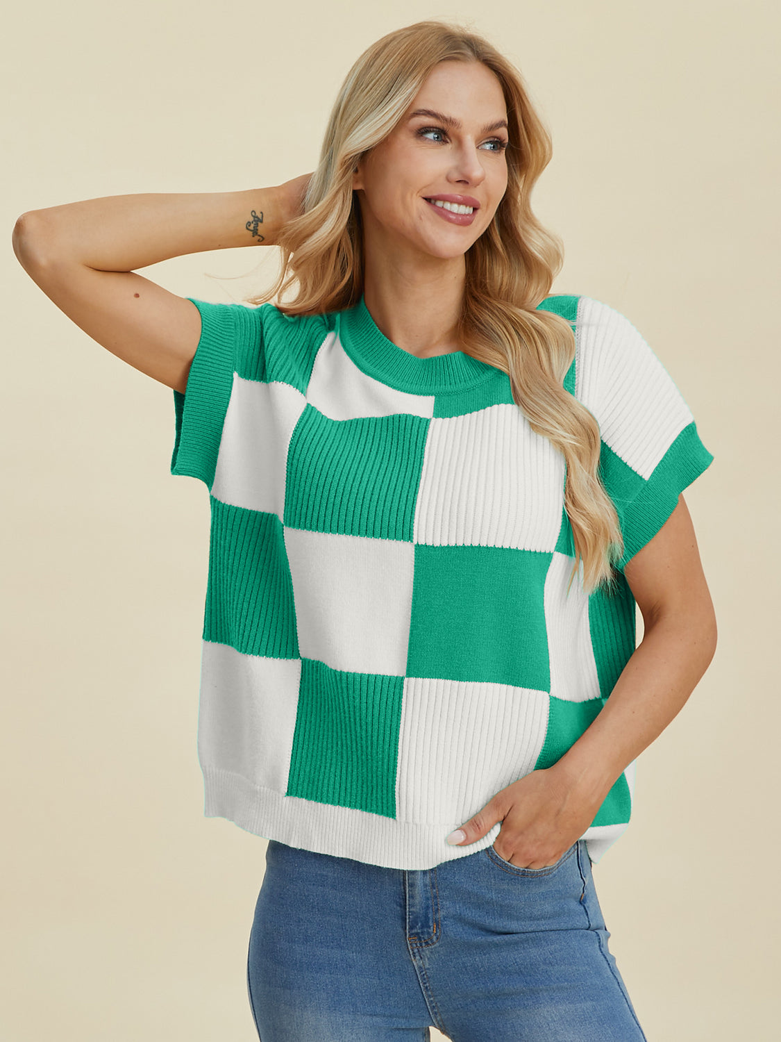 Double Take Full Size Checkered Round Neck Short Sleeve Sweater - Sydney So Sweet