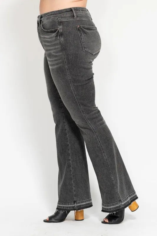 Judy Blue Full Size Mid Rise Tummy Control Washed Gray Release Hem Flare Jeans Plus Size - Sydney So Sweet