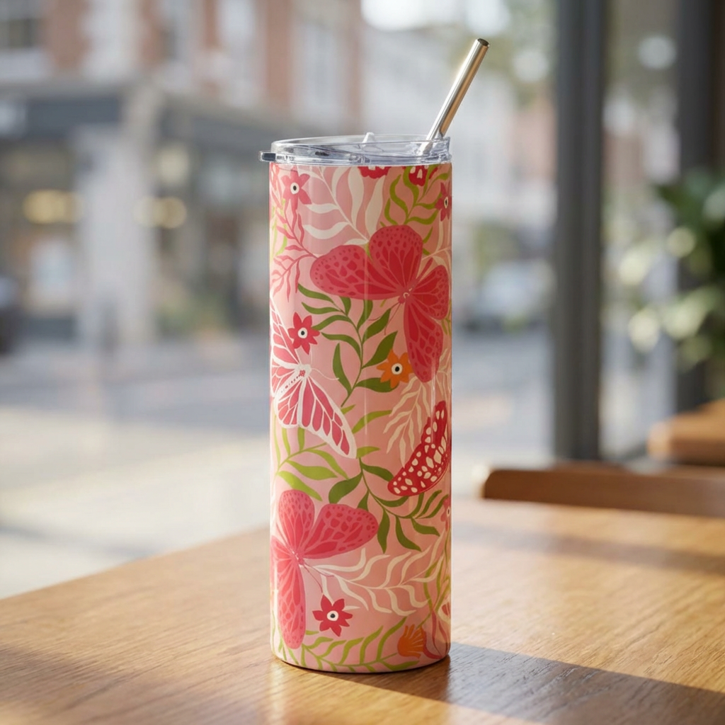Pink Garden Butterfly 20oz  Stainless Steel Tumbler Travel Cup