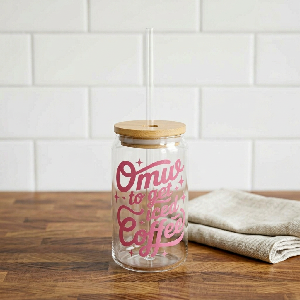 OMW to Get Iced Coffee Retro Pink Script Sipper Glass 16oz Reusable Drink Jar with Lid & Straw