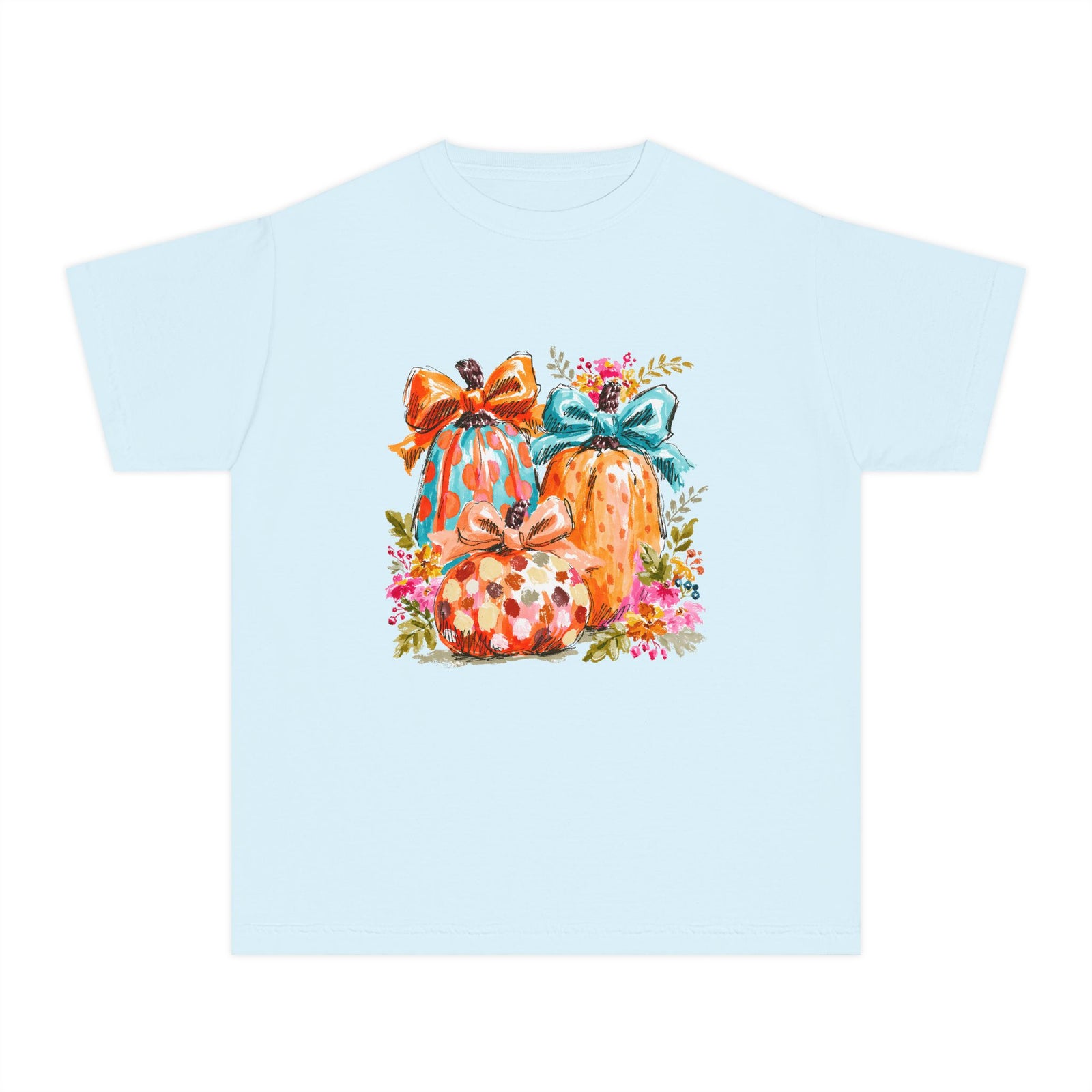 Floral Preppy Coquette Fall Pumpkin T-Shirt Cute Watercolor Kids Graphic Tee