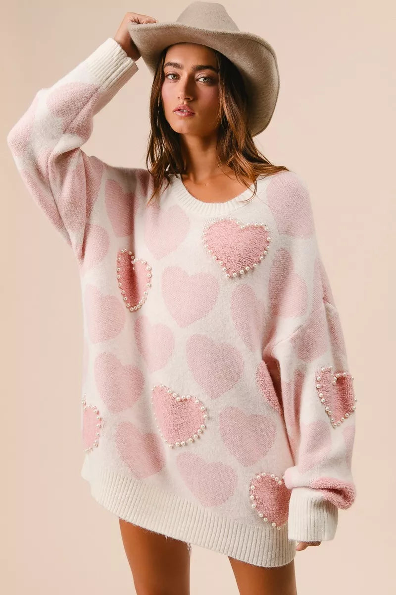 BiBi Heart Pattern Sweater with Pearl Detail - Sydney So Sweet