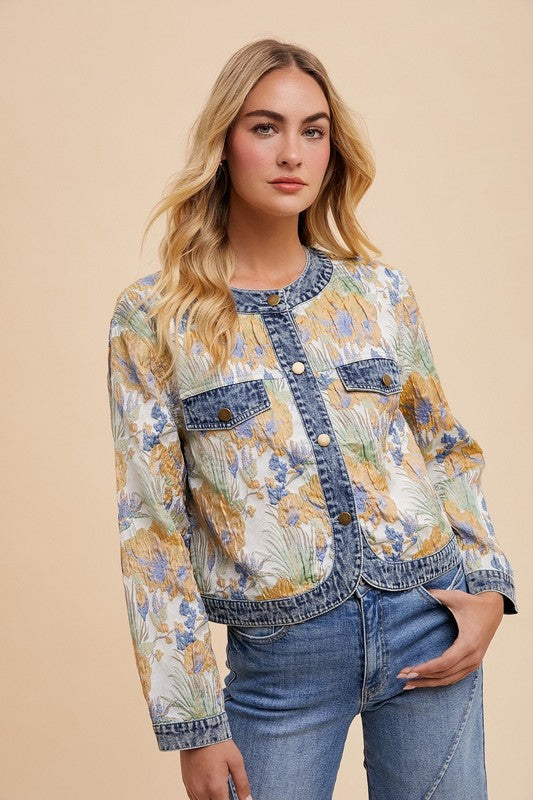 Annie Wear Floral Jacquard Denim Contrast Button Down Jacket - Sydney So Sweet