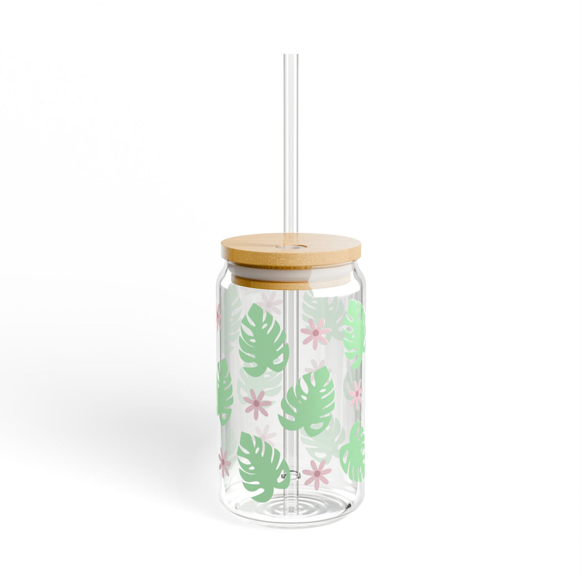 Monstera Plant Tumbler Sipper Glass 16oz — Reusable Drink Jar with Lid & Straw
