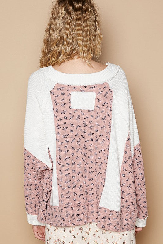 POL Waffle Knit Floral Notched Long Sleeve Top - Sydney So Sweet