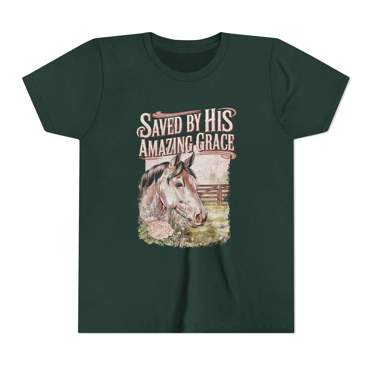 Youth Tee — "Saved By His Amazing Grace" Horse Graphic Christian Shirt