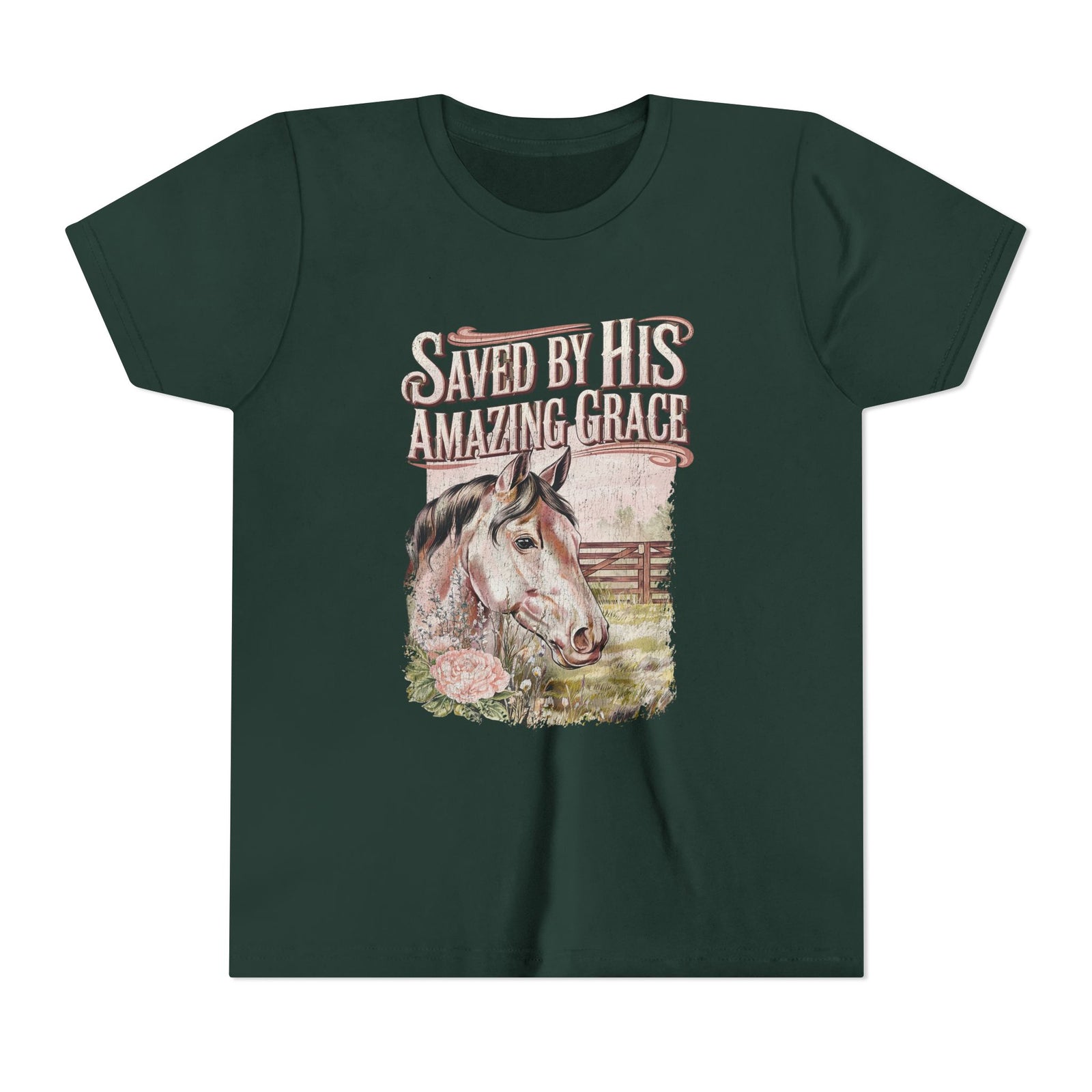 Youth Tee — "Saved By His Amazing Grace" Horse Graphic Christian Shirt