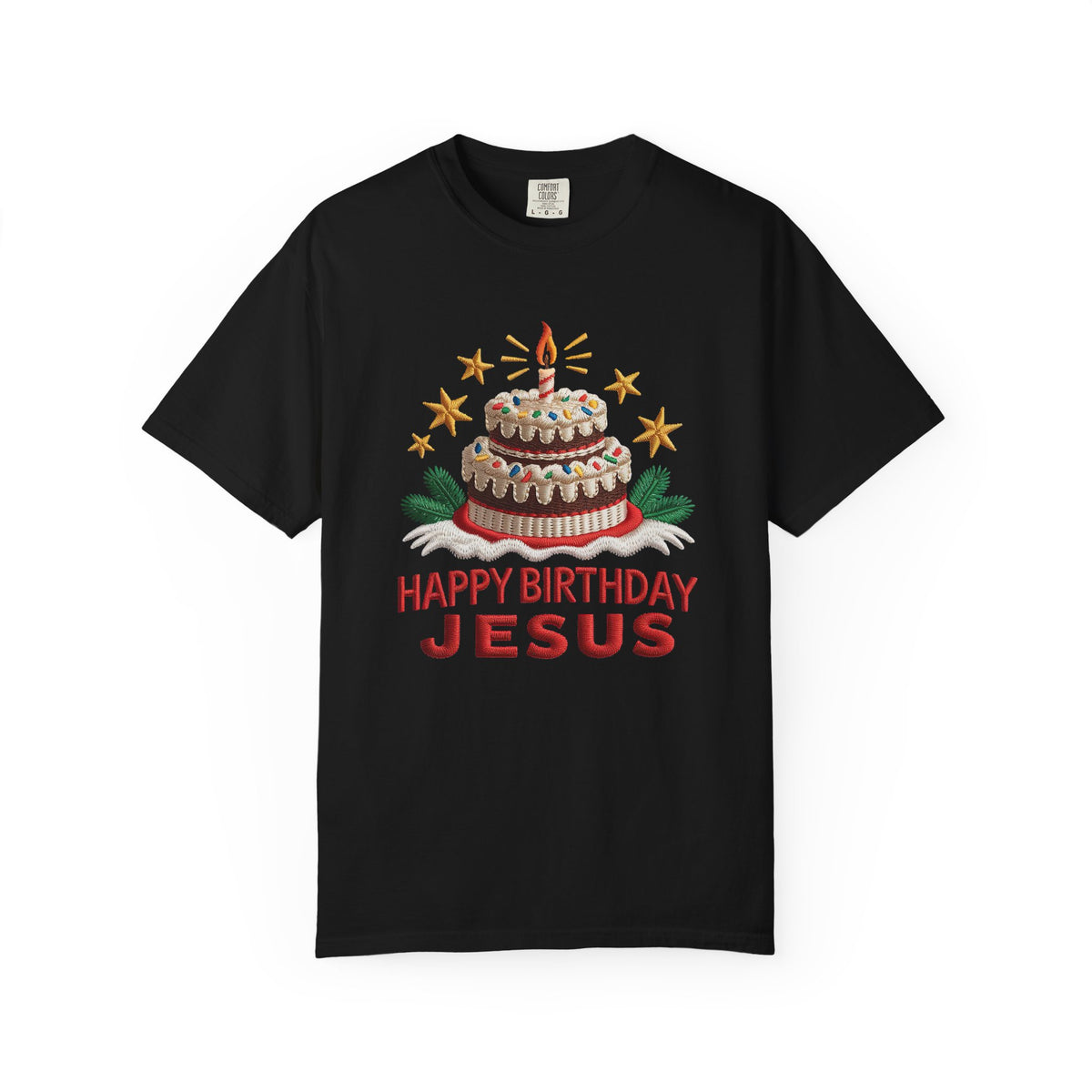 Happy Birthday Jesus Birthday Cake Faux Embroidery Tee Christmas Graphic T-Shirt