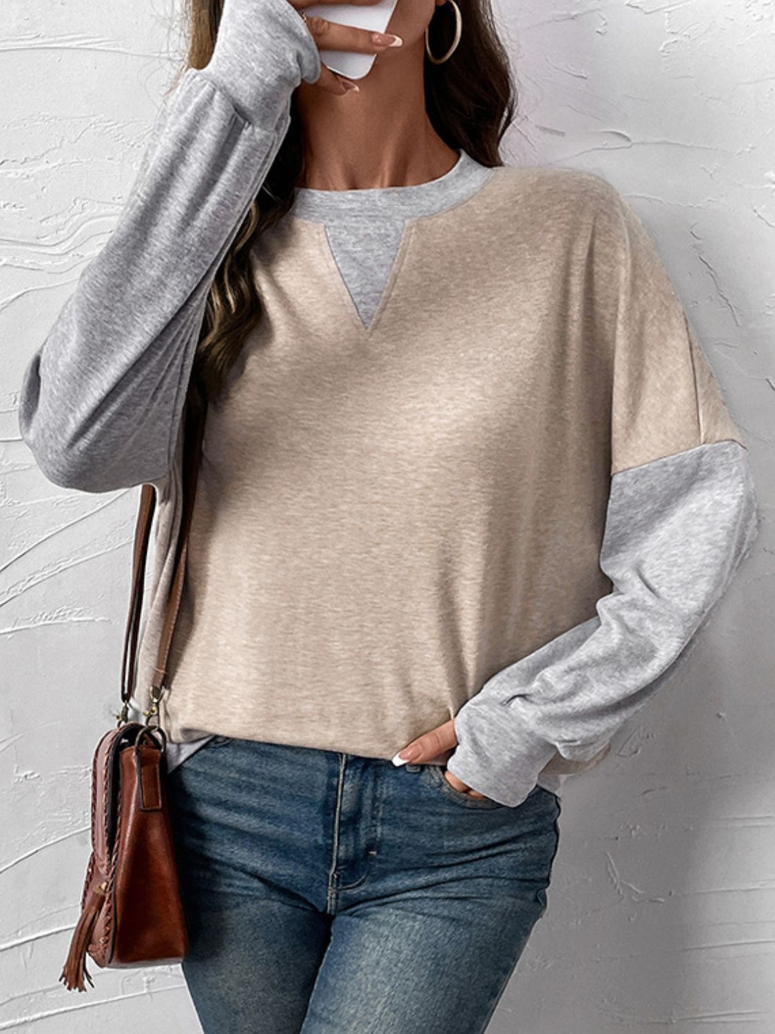 Perfee Contrast Round Neck Long Sleeve T-Shirt - Sydney So Sweet