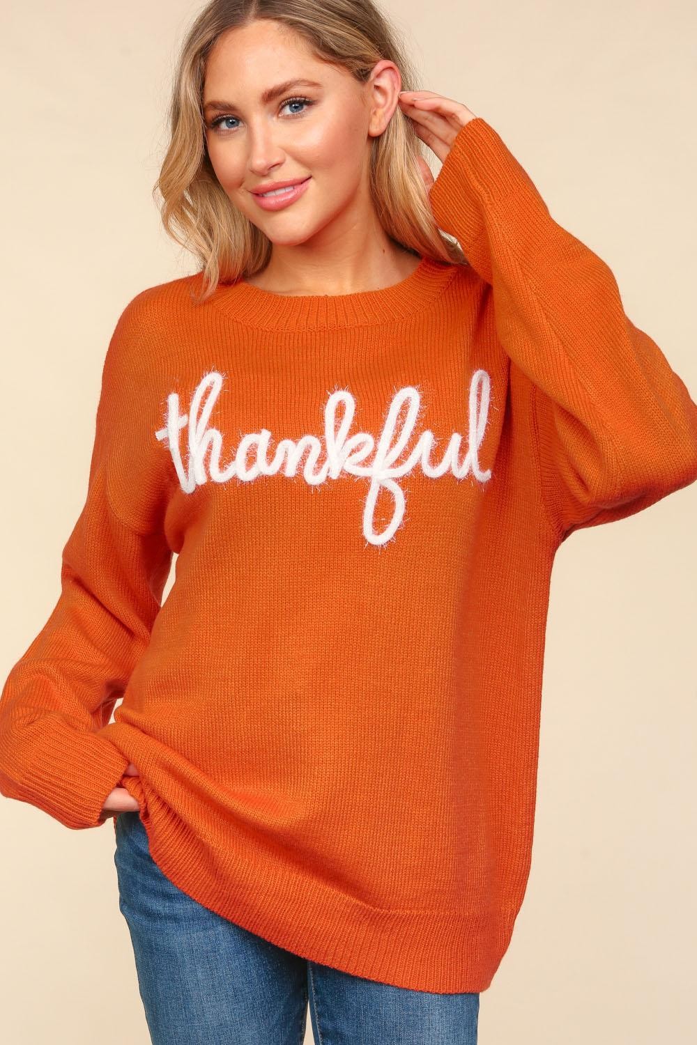 Metallic Glitter Embroidery Women&#39;s Thankful Sweater - Sydney So Sweet