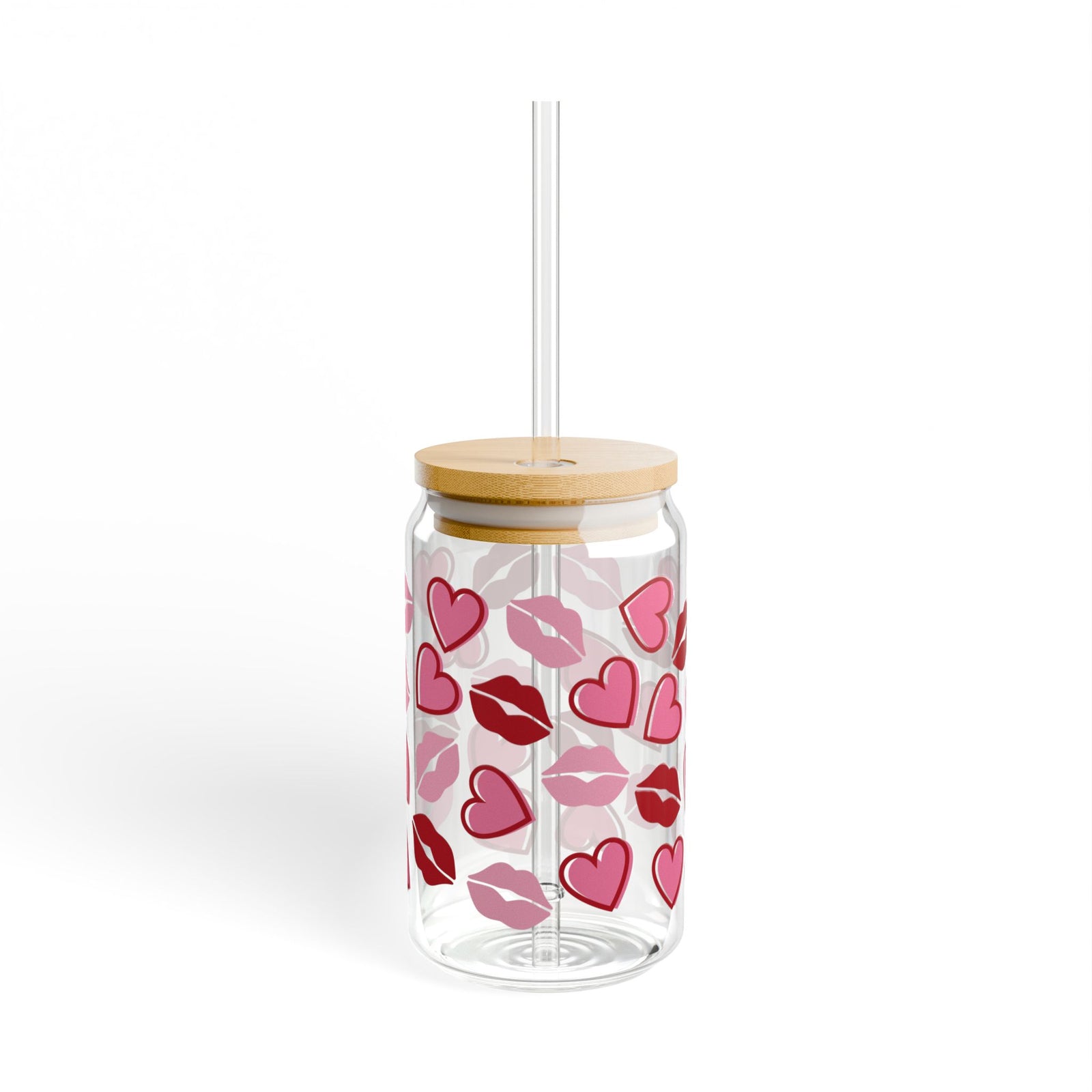 Kisses Lips & Hearts Tumbler Sipper Glass 16oz — Reusable Drink Jar with Lid & Straw