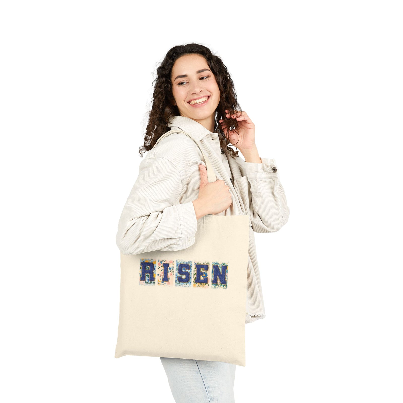 Risen Floral Faux Patch Easter Christian Cotton Canvas Tote Bag
