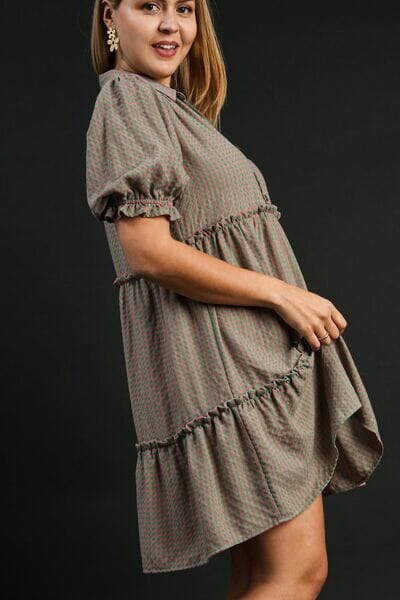 Umgee Full Size Plaid Frill Button Detail Ruffled Short Sleeve Dress Plus Size - Sydney So Sweet