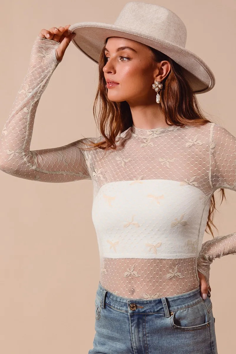 SO ME Bow Ribbon Pattern Sheer Lace Top - Sydney So Sweet
