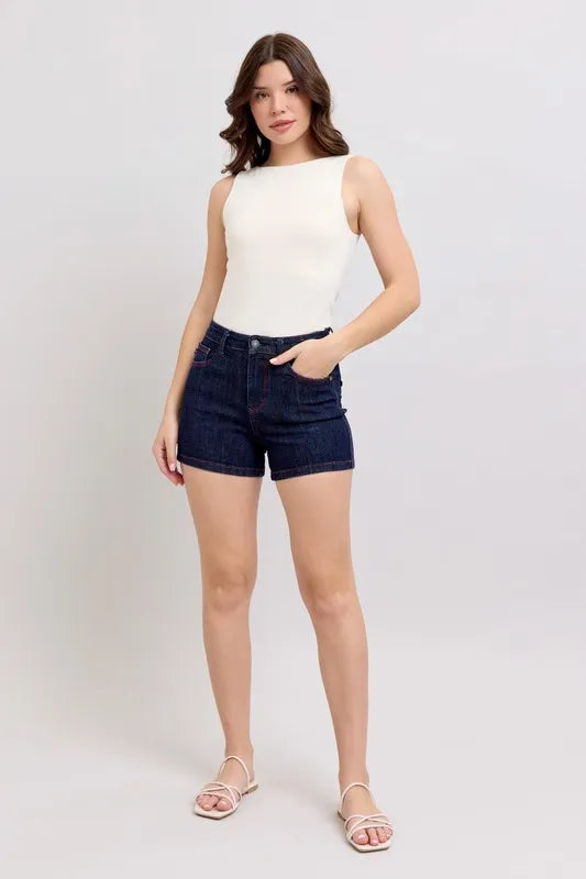 Judy Blue High Waist Heart Shaped Pkts & Red Contrast Thread Denim Shorts - Sydney So Sweet
