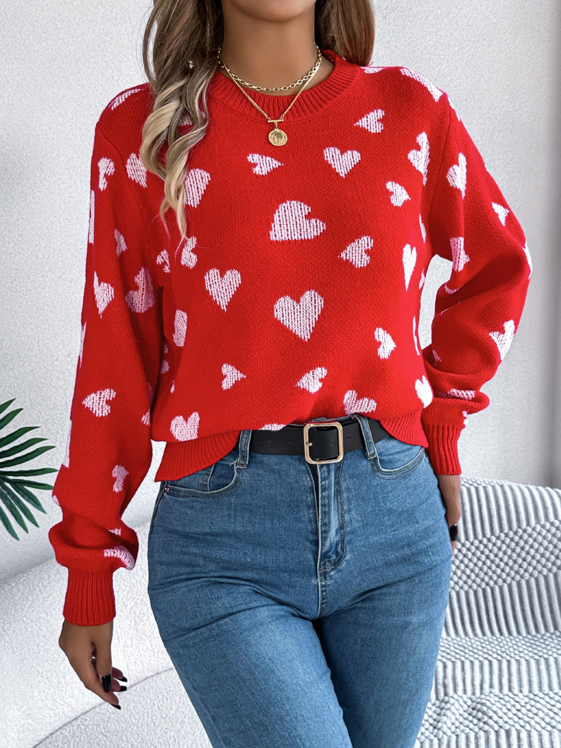 Heart Round Neck Long Sleeve Sweater - Sydney So Sweet