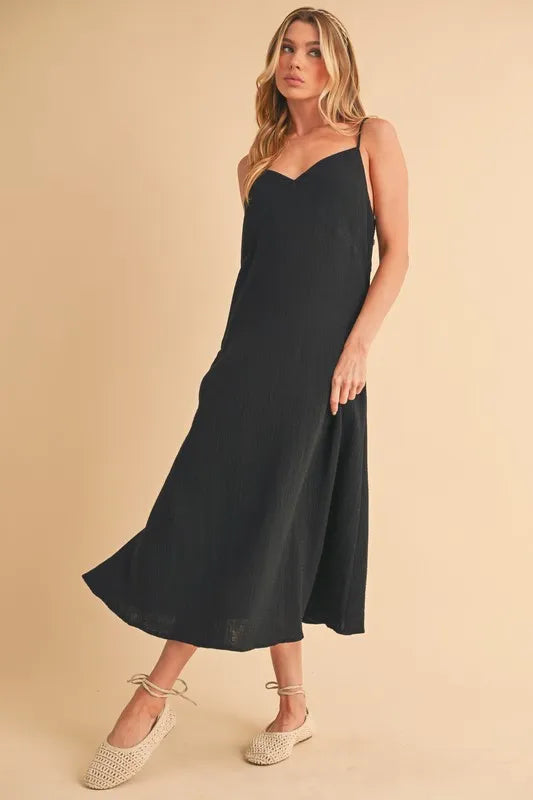 knee length dresses for ladies The Black Square Neck Lace Cami Midi Dress