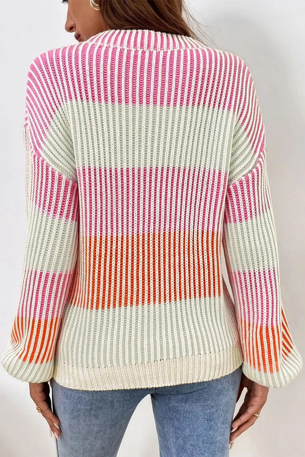 Striped Color Block Round Neck Long Sleeve Sweater - Sydney So Sweet