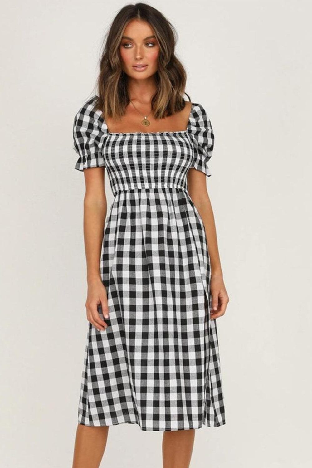 Full Size Slit Plaid Short Sleeve Midi Dress - Sydney So Sweet