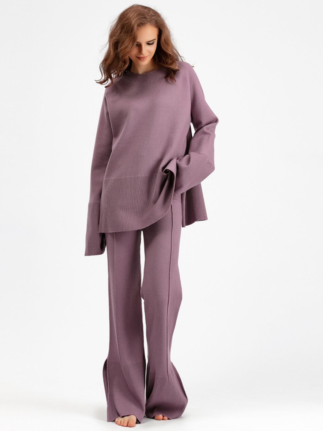 Basic Bae Slit Round Neck Long Sleeve Top and Drawstring Pants Sweater Set - Sydney So Sweet