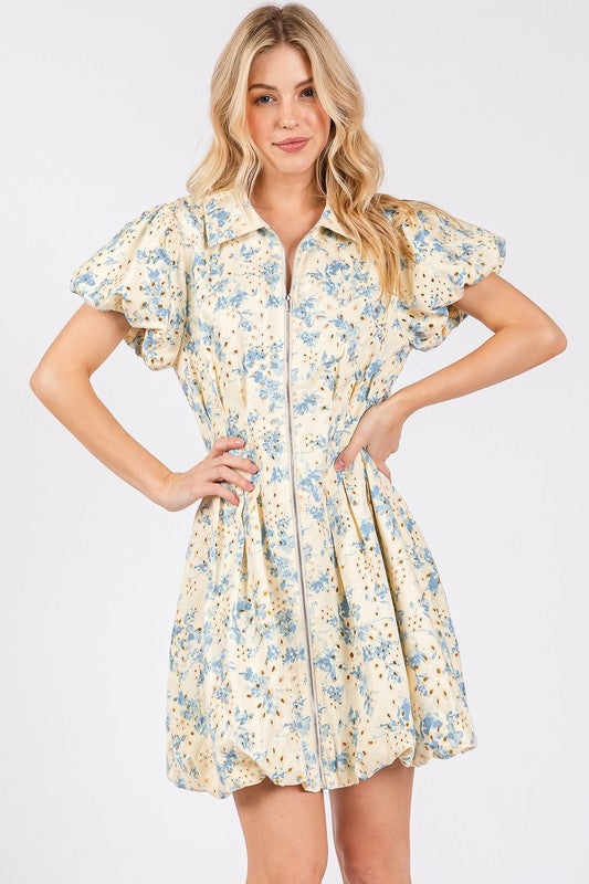 GeeGee Floral Eyelet Zipper Front Puff Sleeve Mini Dress - Sydney So Sweet