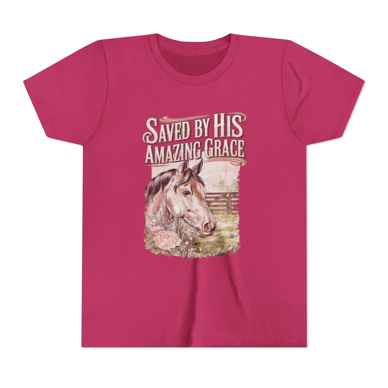 Youth Tee — "Saved By His Amazing Grace" Horse Graphic Christian Shirt