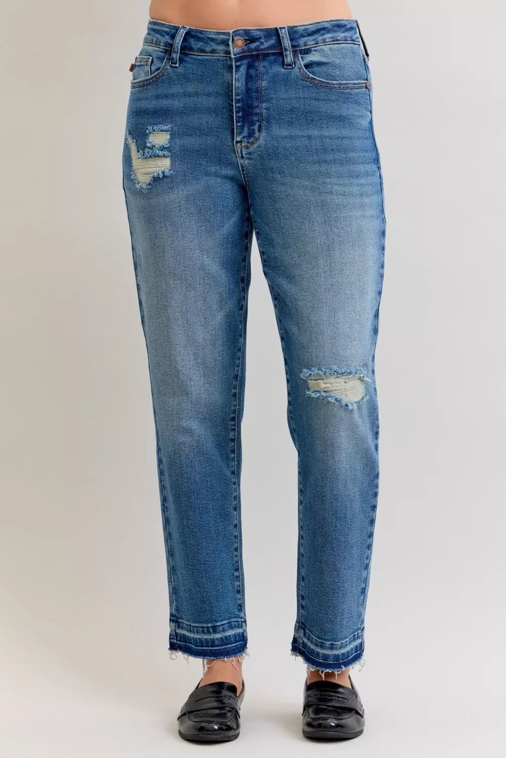 Judy Blue Full Size Mid Rise Bf Patch & Repair Destroy Release Hem Jeans Plus Size - Sydney So Sweet