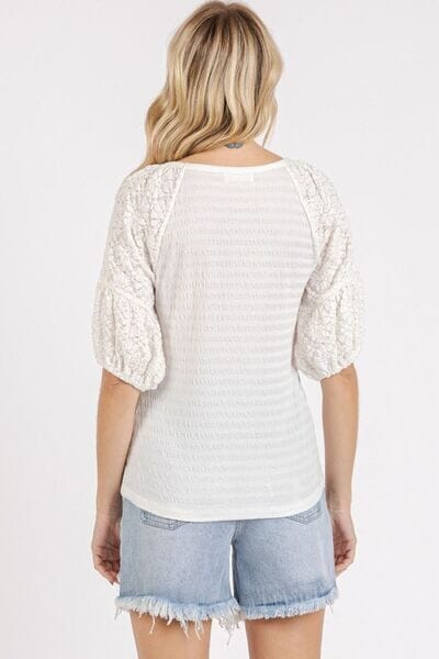 Mittoshop Mixed Media Textured Knit Popcorn Puff Sleeve Blouse - Sydney So Sweet