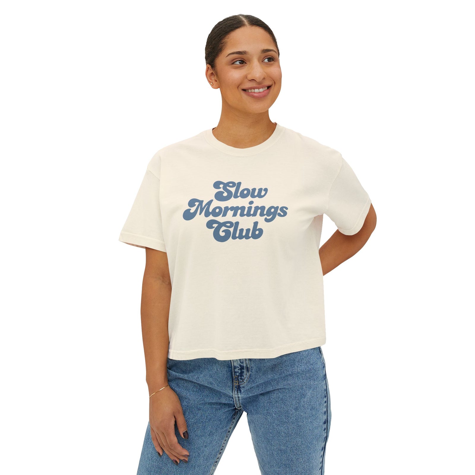 Slow Mornings Club Boxy Tee — Relaxed Women's Graphic T‑Shirt