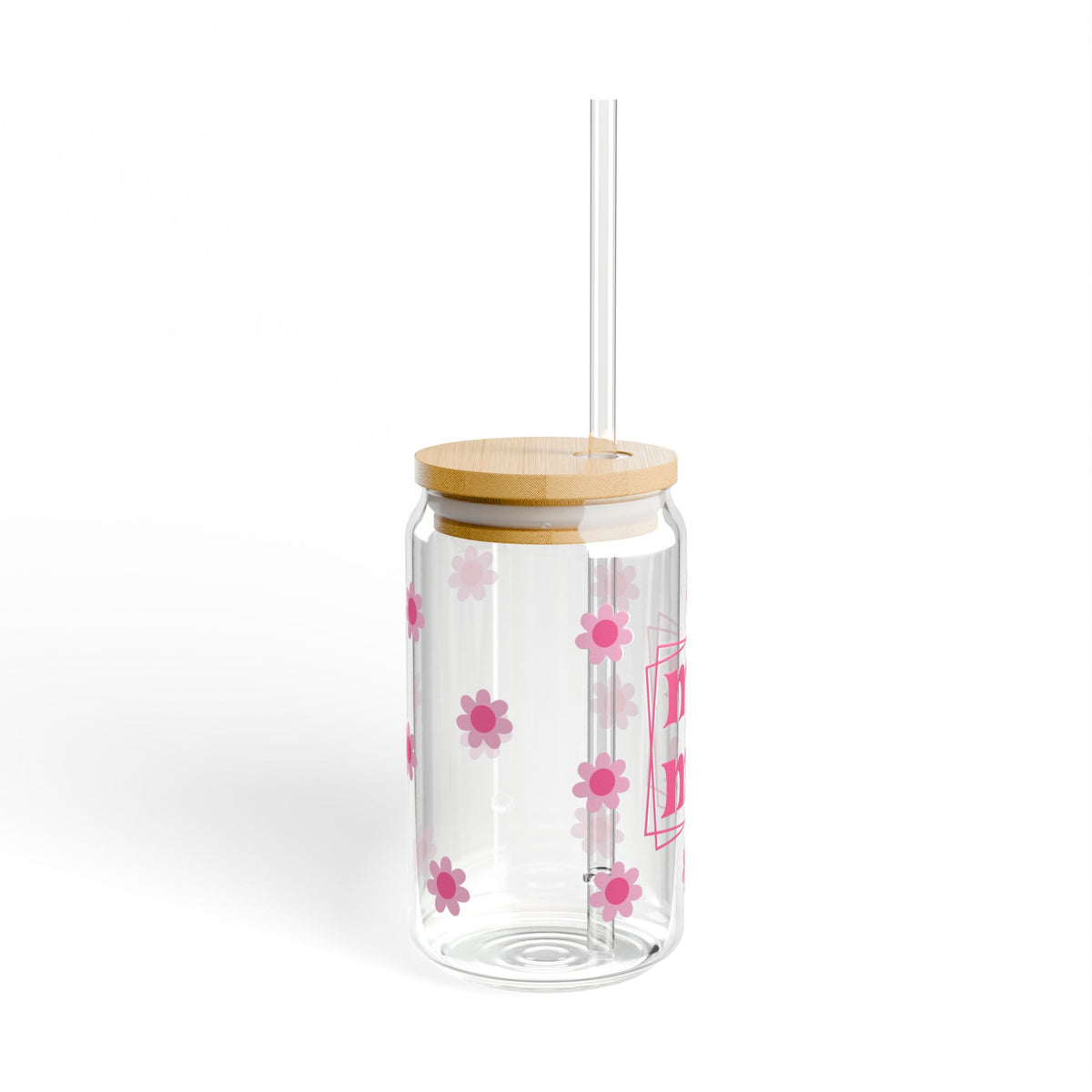 Mama Pink Flower Tumbler Sipper Glass 16oz — Reusable Drink Jar with Lid & Straw