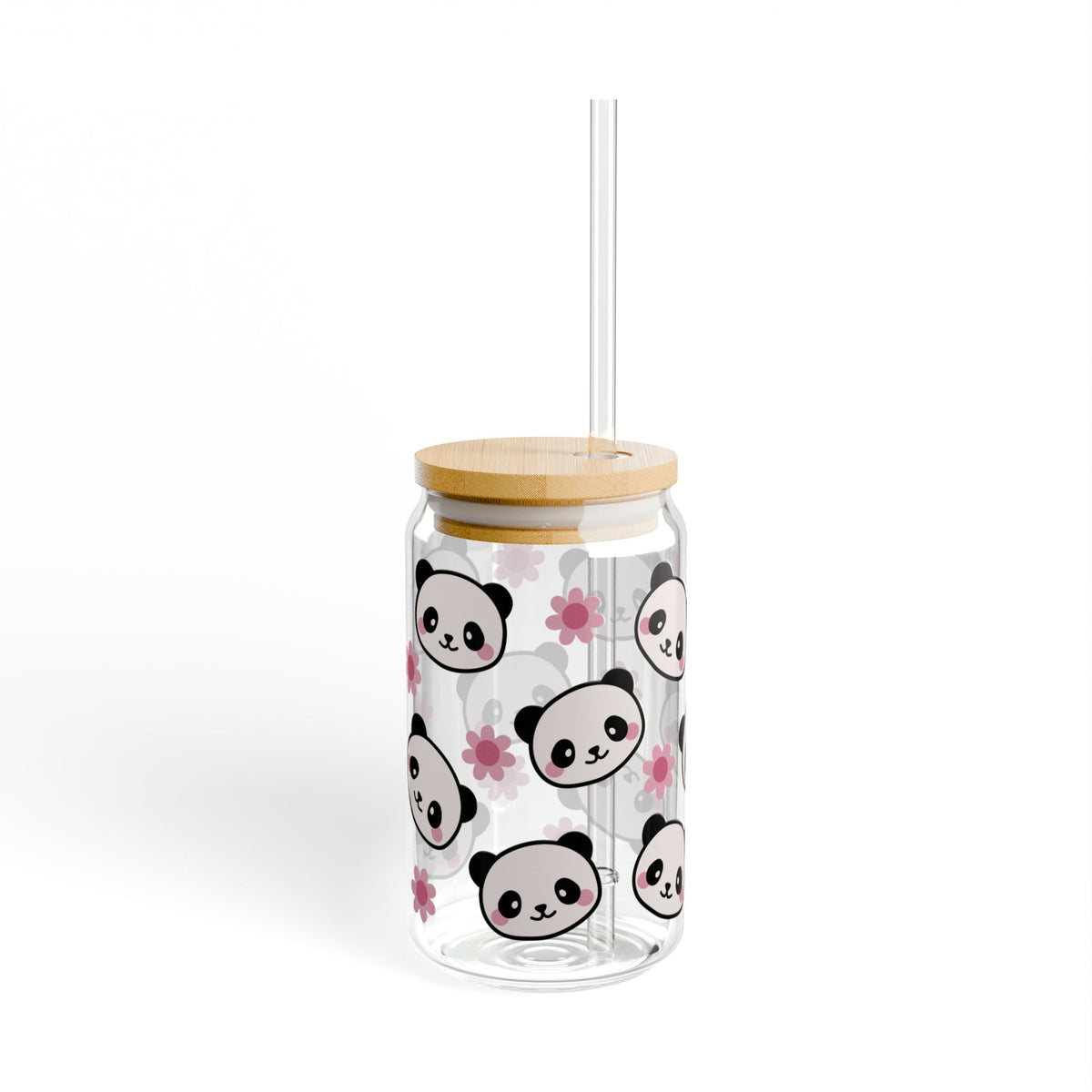 Panda Blossom Tumbler Sipper Glass 16oz — Reusable Drink Jar with Lid & Straw - Sydney So Sweet