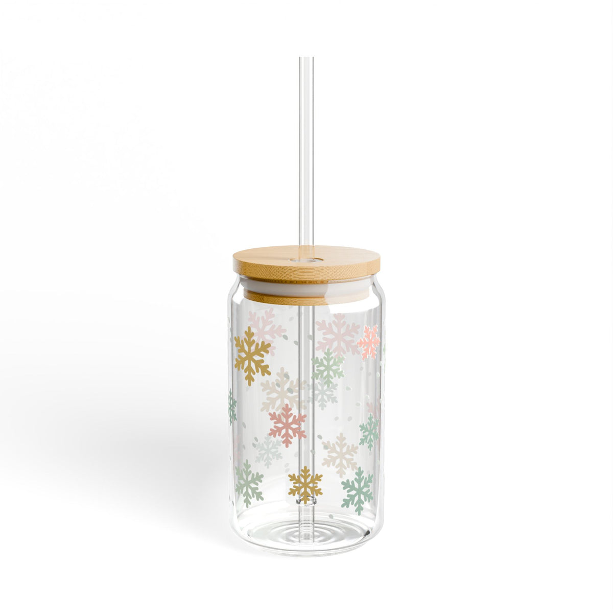 Pastel Snowflake Winter Christmas Sipper Glass 16oz Reusable Drink Jar with Lid & Straw