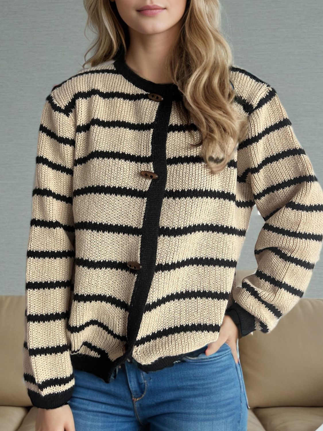 Striped Round Neck Long Sleeve Cardigan - Sydney So Sweet