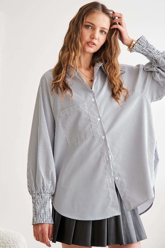 ADORA High-Low Striped Button Down Smocked Lantern Sleeve Shirt - Sydney So Sweet