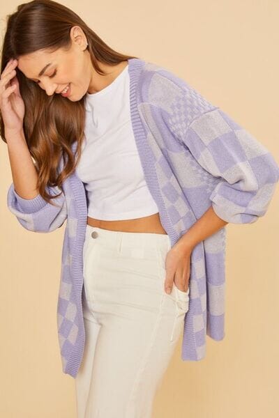 Annie Wear Checkered Open Front Drop Shoulder Cardigan - Sydney So Sweet